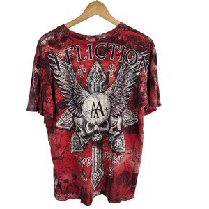Affliction Live Fast T-shirt Men Large Graphic Skull Wings Grunge Thrashed Red